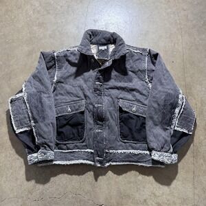 POL Jacket Womens Small Gray Quilted Denim Cropped Frayed Zip Pockets Boho
